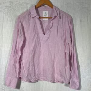 Calypso St Barth Top Large Pink 100% Linen V Neck Long Sleeve Cropped Boxy